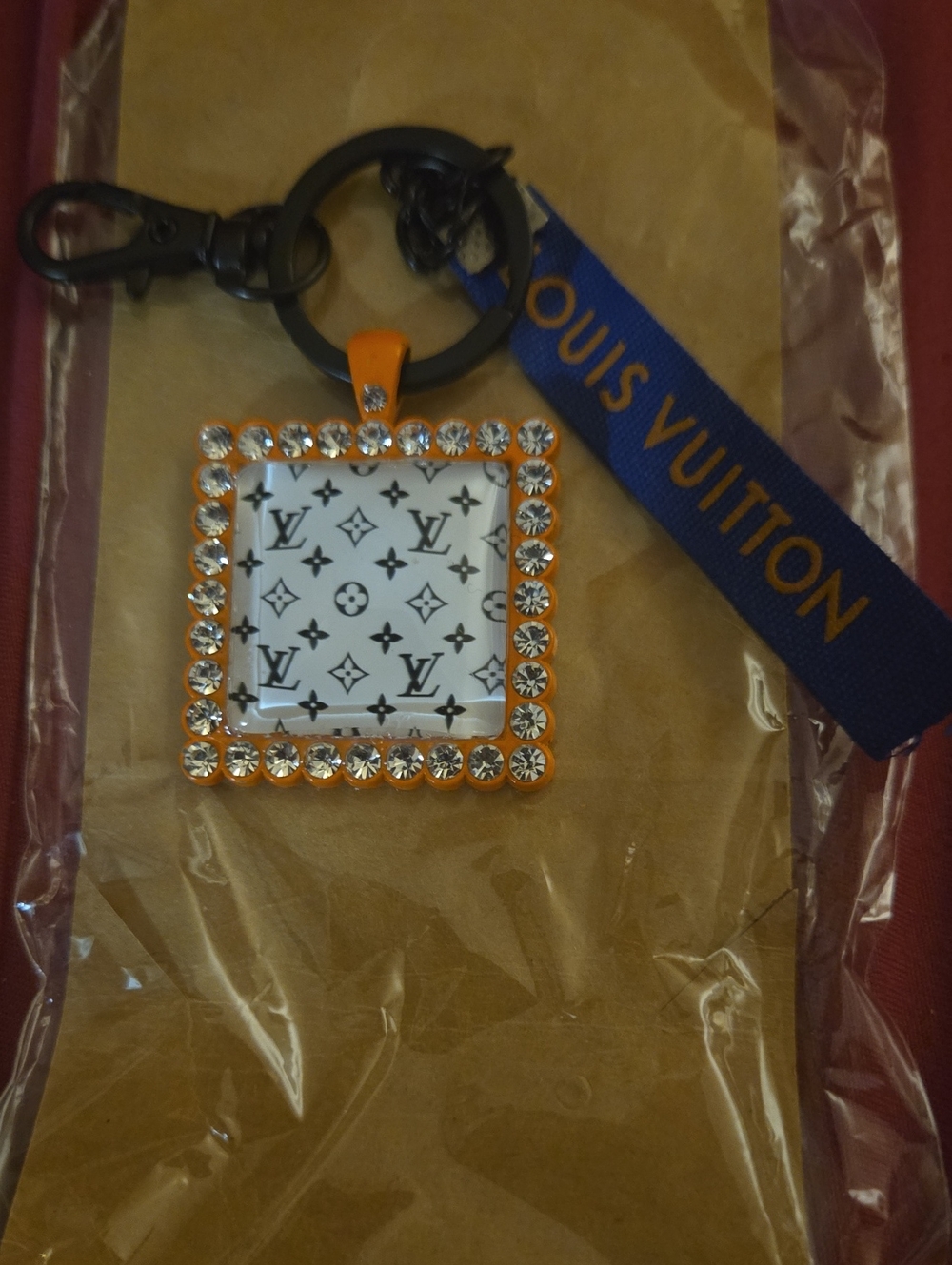Louis Vuitton Orange Crystal Bling Square Keychain/Bag Charm